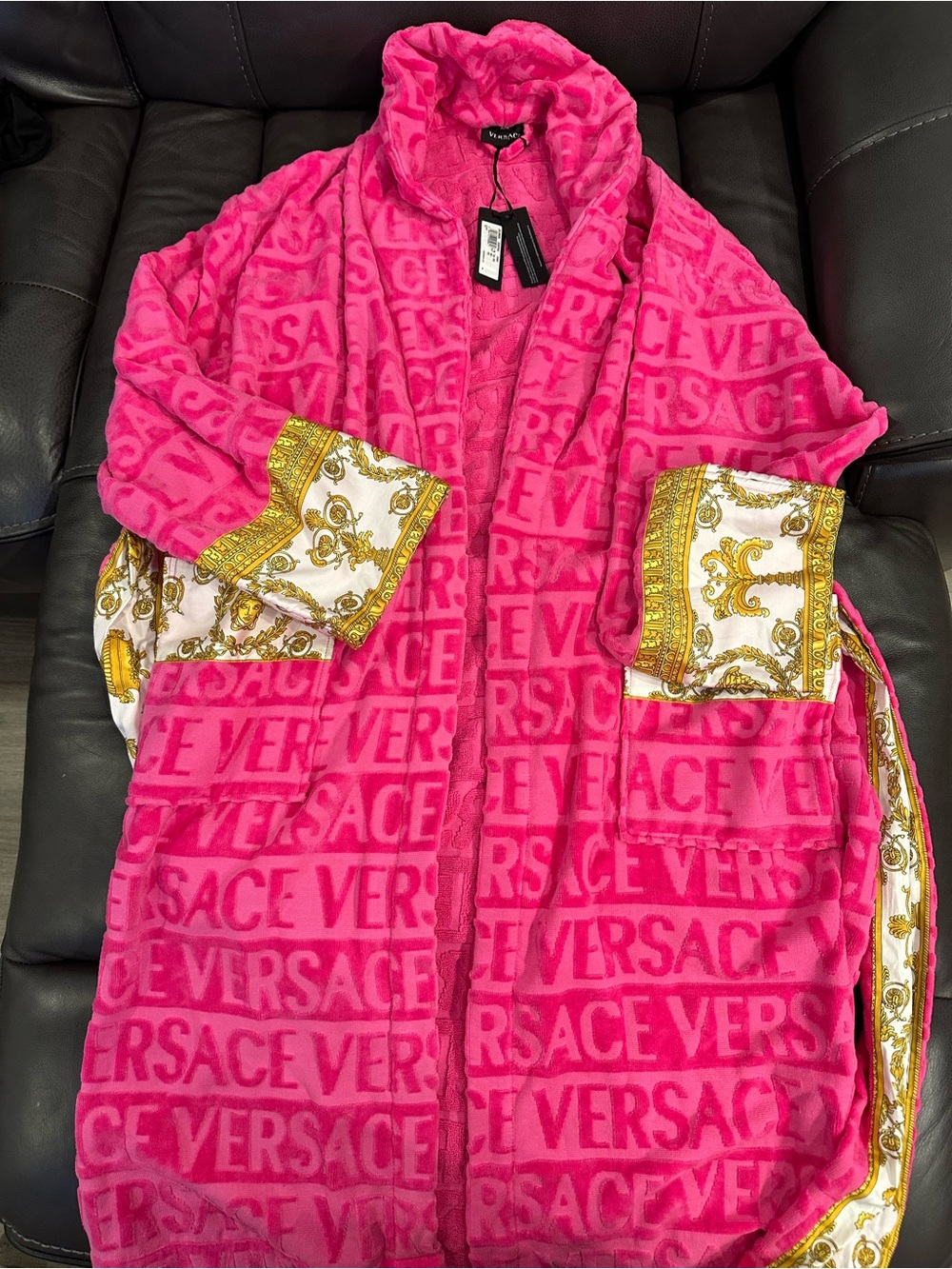 Versace Hot Pink Plush Logo Robe with Gold Baroque Accents XXL
